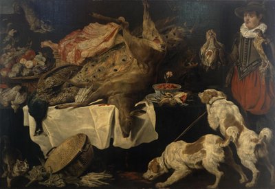 Hunter and Dogs by a Table with Dead Game and Fruit by Paul De Vos